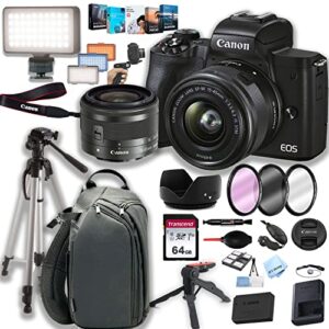canon eos m50 mark ii mirrorless digital camera with 15-45mm lens + 64gb memory + led video light sling case + steady grip pod + tripod + filters + software + more (34pc bundle) (renewed)
