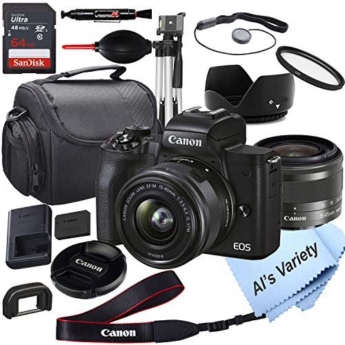 Canon EOS M50 Mark II Mirrorless Digital Camera with 15-45mm Lens + 64GB Card, Tripod, Case, ALS Variety 18pc Bundle (Renewed)