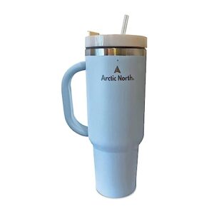 arctic north 40 oz light blue insulated tumbler with handle, 3 straw, lid, reusable tumbler coffee cups with lids, stainless steel vacuum insulated travel mug with handle, wide mouth,