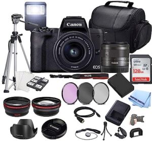 canon eos m50 mark ii mirrorless camera w/ef-m 15-45mm f/3.5-6.3 is stm lens + 128gb memory + case + filters + tripod + more (35pc bundle) (renewed)