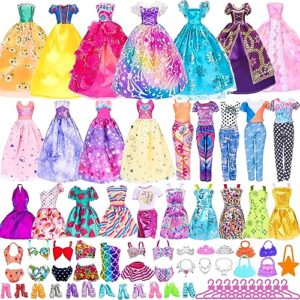 48 pcs doll clothes and accessories, 2 long princess dress, 2 long party dresses, 2 short dresses, 2 tops, 2 pants, 5 slip skirts, 2 bikinis and 31pcs doll accessories for 11.5 inch dolls (no doll)