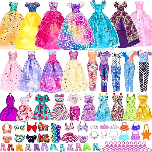 48 pcs Doll Clothes and Accessories, 2 Long Princess Dress, 2 Long Party Dresses, 2 Short Dresses, 2 Tops, 2 Pants, 5 Slip Skirts, 2 Bikinis and 31pcs Doll Accessories for 11.5 inch Dolls (No Doll)