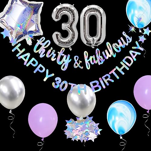 Iridescent Thirty & Fabulous Happy 30th Birthday Banner Garland Foil Balloon 30 for Womens 30th Birthday Decorations Hanging 30 and Fabulous Cheers to 30 Years Old Dirty Thirty Party Supplies Backdrop