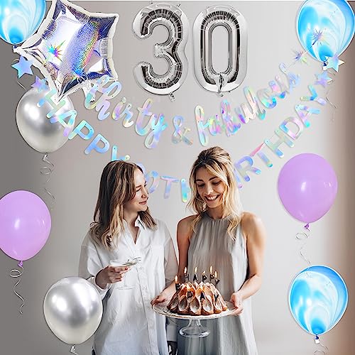 Iridescent Thirty & Fabulous Happy 30th Birthday Banner Garland Foil Balloon 30 for Womens 30th Birthday Decorations Hanging 30 and Fabulous Cheers to 30 Years Old Dirty Thirty Party Supplies Backdrop