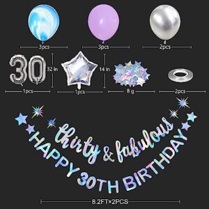 Iridescent Thirty & Fabulous Happy 30th Birthday Banner Garland Foil Balloon 30 for Womens 30th Birthday Decorations Hanging 30 and Fabulous Cheers to 30 Years Old Dirty Thirty Party Supplies Backdrop