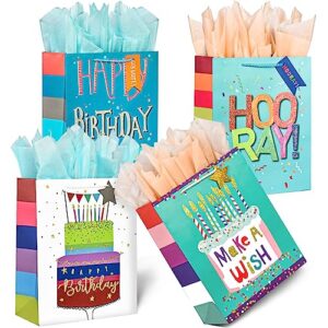 wluseaxi 4pack birthday gift bag with tissue paper and handle,large birthday gift bags for kids with tags,funny glitter happy birthday gift bags for women girls boys(sizes 12.5"x10.1"x3.9")