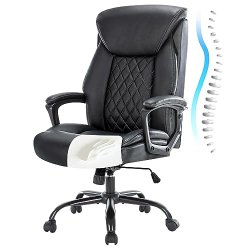 HESL Ergonomic Office Chair, Leather Office Chair, Comfortable Executive Office Chair High Back,Black PU Leather Computer Chair, Modern Office Chair, Comfy Office Chair with Padded Armrests