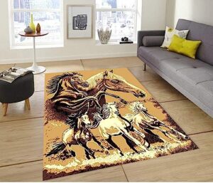 lodge western galloping horse decorative colorful animal print area rug for living room or bedroom carpet, dining, kitchen or entryway rug (5’ 3” x 7’ 5”)