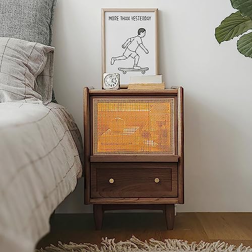 End Tables, Nightstand with Night Light, Side Table, Bedside Furniture, Boho Side Table with 2 Drawers, Cane Accent Bedside End Table with Solid Wood Legs, for Bedroom, Dorm and Small Spaces