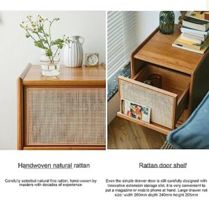 End Tables, Nightstand with Night Light, Side Table, Bedside Furniture, Boho Side Table with 2 Drawers, Cane Accent Bedside End Table with Solid Wood Legs, for Bedroom, Dorm and Small Spaces