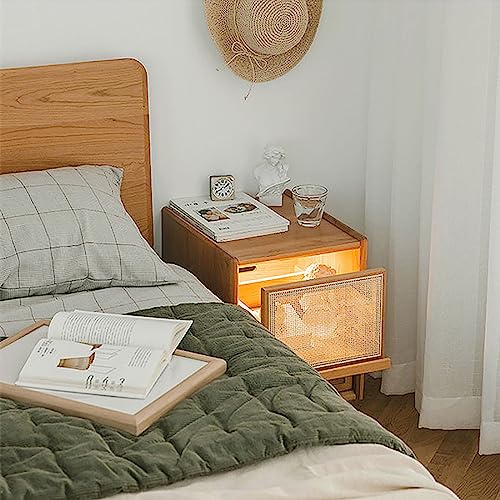 End Tables, Nightstand with Night Light, Side Table, Bedside Furniture, Boho Side Table with 2 Drawers, Cane Accent Bedside End Table with Solid Wood Legs, for Bedroom, Dorm and Small Spaces