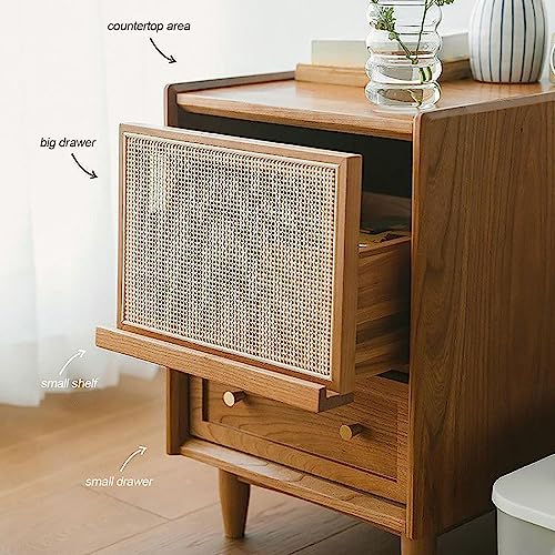 End Tables, Nightstand with Night Light, Side Table, Bedside Furniture, Boho Side Table with 2 Drawers, Cane Accent Bedside End Table with Solid Wood Legs, for Bedroom, Dorm and Small Spaces