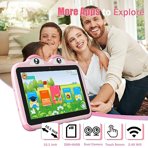 YINOCHE Kids Tablet 10 inch Android Tablet for Kids 64GB Toddler Tablet with Case WiFi Children's Tablets with Dual Camera Touch Screen Kids Apps Installed Tablet for Toddlers Netflix YouTube (Pink)