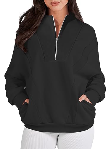 Caracilia Womens Half Zip Sweatshirts Long Sleeve Oversized Cute Hoodies Teen Girls Y2K Fall Winter Trendy Quarter Zip Loose Fit Outfits Sweater 2023 Fall Fashion C115A1-heise-XL Black