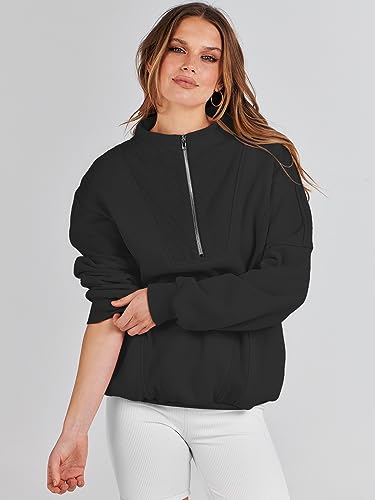 Caracilia Womens Half Zip Sweatshirts Long Sleeve Oversized Cute Hoodies Teen Girls Y2K Fall Winter Trendy Quarter Zip Loose Fit Outfits Sweater 2023 Fall Fashion C115A1-heise-XL Black