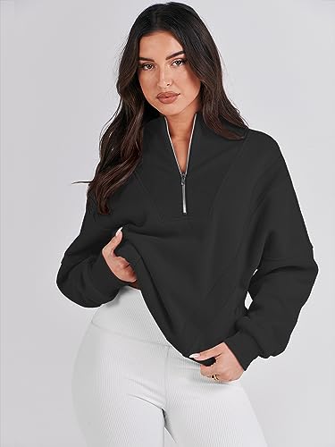 Caracilia Womens Half Zip Sweatshirts Long Sleeve Oversized Cute Hoodies Teen Girls Y2K Fall Winter Trendy Quarter Zip Loose Fit Outfits Sweater 2023 Fall Fashion C115A1-heise-XL Black