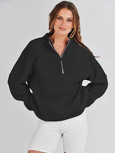 Caracilia Womens Half Zip Sweatshirts Long Sleeve Oversized Cute Hoodies Teen Girls Y2K Fall Winter Trendy Quarter Zip Loose Fit Outfits Sweater 2023 Fall Fashion C115A1-heise-XL Black