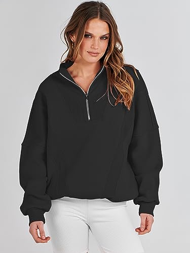 Caracilia Womens Half Zip Sweatshirts Long Sleeve Oversized Cute Hoodies Teen Girls Y2K Fall Winter Trendy Quarter Zip Loose Fit Outfits Sweater 2023 Fall Fashion C115A1-heise-XL Black