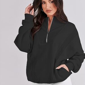 Caracilia Womens Half Zip Sweatshirts Long Sleeve Oversized Cute Hoodies Teen Girls Y2K Fall Winter Trendy Quarter Zip Loose Fit Outfits Sweater 2023 Fall Fashion C115A1-heise-XL Black