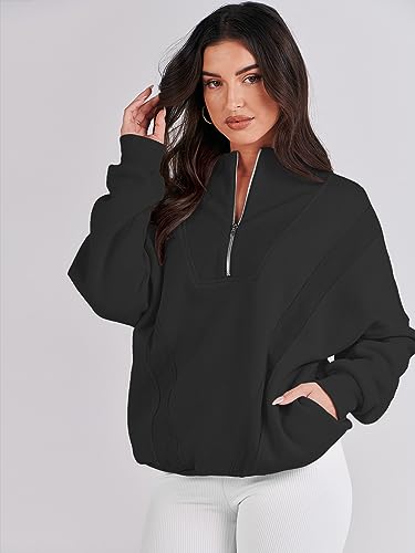 Caracilia Womens Half Zip Sweatshirts Long Sleeve Oversized Cute Hoodies Teen Girls Y2K Fall Winter Trendy Quarter Zip Loose Fit Outfits Sweater 2023 Fall Fashion C115A1-heise-XL Black