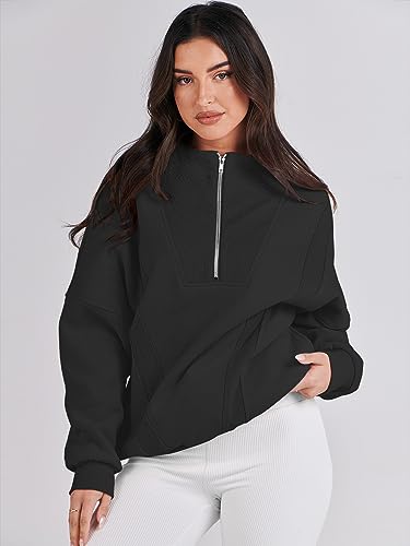 Caracilia Womens Half Zip Sweatshirts Long Sleeve Oversized Cute Hoodies Teen Girls Y2K Fall Winter Trendy Quarter Zip Loose Fit Outfits Sweater 2023 Fall Fashion C115A1-heise-XL Black