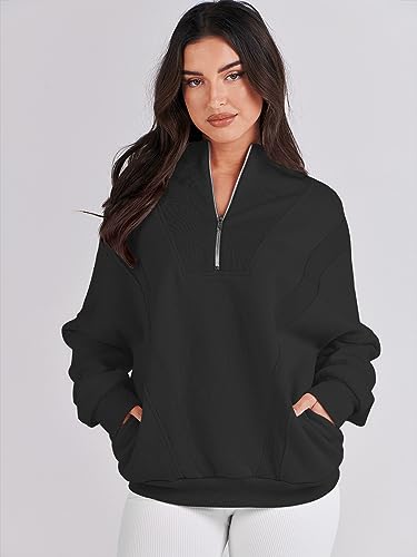 Caracilia Womens Half Zip Sweatshirts Long Sleeve Oversized Cute Hoodies Teen Girls Y2K Fall Winter Trendy Quarter Zip Loose Fit Outfits Sweater 2023 Fall Fashion C115A1-heise-XL Black