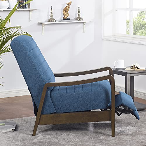 64" Push Back Recliner, Living Room Chair Fabric Mid-Century Modern Push Back Single Recliner with Solid Wood Arms & Base High Back Comfortable Bedroom Armchair for Office, Home Theater (Blue)