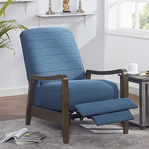 64" Push Back Recliner, Living Room Chair Fabric Mid-Century Modern Push Back Single Recliner with Solid Wood Arms & Base High Back Comfortable Bedroom Armchair for Office, Home Theater (Blue)