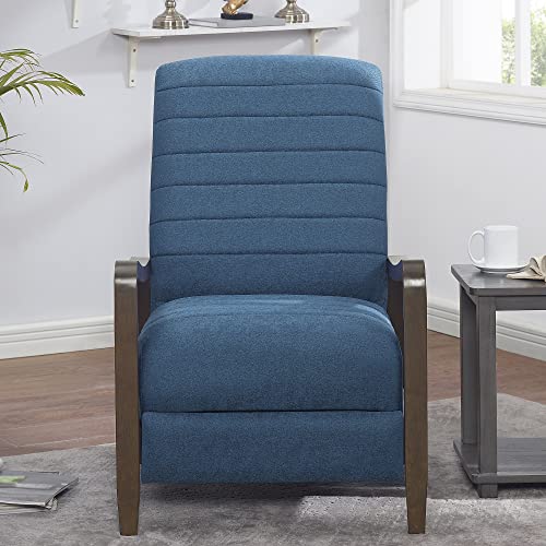 64" Push Back Recliner, Living Room Chair Fabric Mid-Century Modern Push Back Single Recliner with Solid Wood Arms & Base High Back Comfortable Bedroom Armchair for Office, Home Theater (Blue)