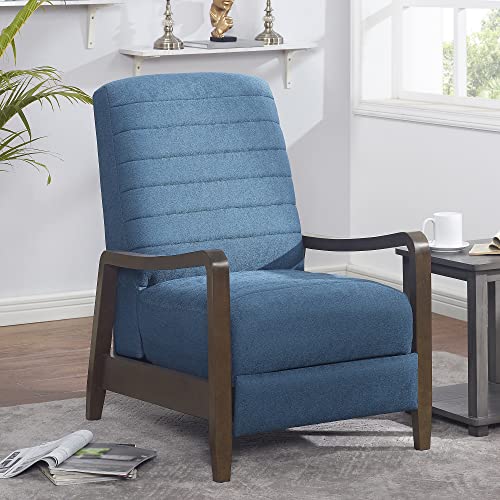 64" Push Back Recliner, Living Room Chair Fabric Mid-Century Modern Push Back Single Recliner with Solid Wood Arms & Base High Back Comfortable Bedroom Armchair for Office, Home Theater (Blue)