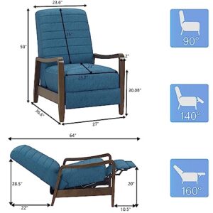 64" Push Back Recliner, Living Room Chair Fabric Mid-Century Modern Push Back Single Recliner with Solid Wood Arms & Base High Back Comfortable Bedroom Armchair for Office, Home Theater (Blue)