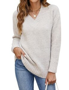 bluetime women casual long sleeve sweaters soft loose fit cable knit pullover v neck oversized tunic sweater tops (l, light apricot)