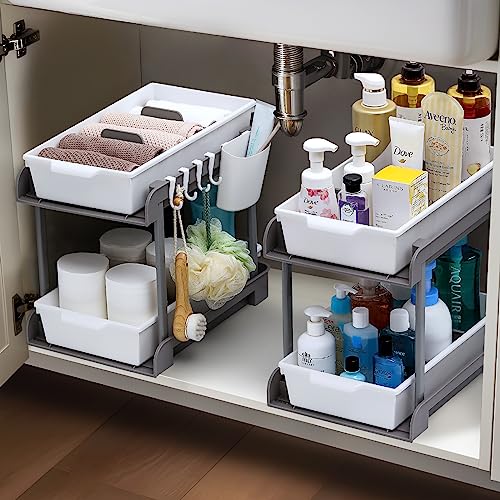 LANDNEOO 2 Tier Clear Organizer with Dividers & 2 Set, 2 Tier Pull-Out Under Sink Organizer and Storage with Dividers