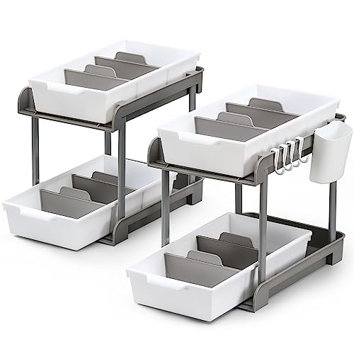 LANDNEOO 2 Tier Clear Organizer with Dividers & 2 Set, 2 Tier Pull-Out Under Sink Organizer and Storage with Dividers