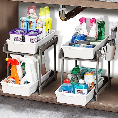 LANDNEOO 2 Tier Clear Organizer with Dividers & 2 Set, 2 Tier Pull-Out Under Sink Organizer and Storage with Dividers