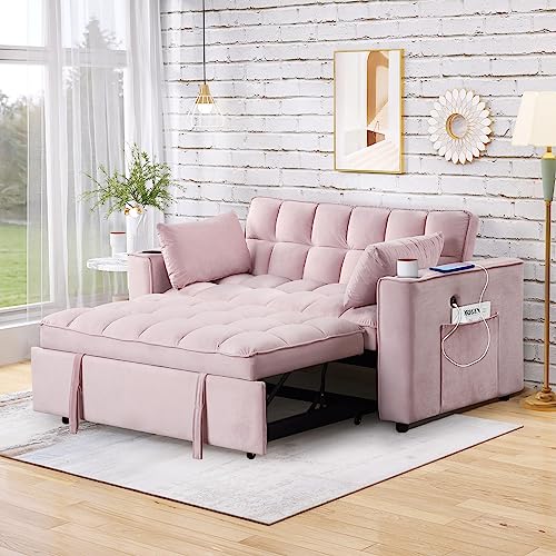 Eafurn 4 in 1 Convertible Sleeper Sofa Bed, Modern Velvet Loveseat w/Pull Out Couch, 55.3" Love Seat Lounge Sofa & Couch w/Reclining Backrest, Cup Holders and USB Port,RV Furniture for Small Place