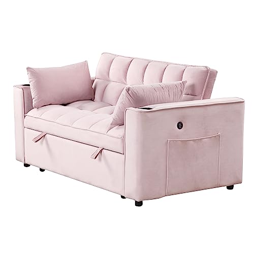 Eafurn 4 in 1 Convertible Sleeper Sofa Bed, Modern Velvet Loveseat w/Pull Out Couch, 55.3" Love Seat Lounge Sofa & Couch w/Reclining Backrest, Cup Holders and USB Port,RV Furniture for Small Place