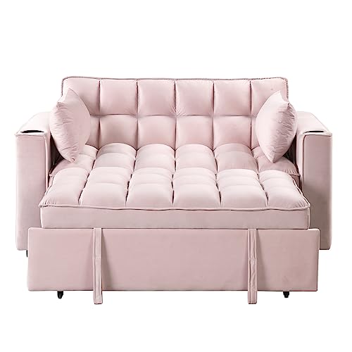 Eafurn 4 in 1 Convertible Sleeper Sofa Bed, Modern Velvet Loveseat w/Pull Out Couch, 55.3" Love Seat Lounge Sofa & Couch w/Reclining Backrest, Cup Holders and USB Port,RV Furniture for Small Place