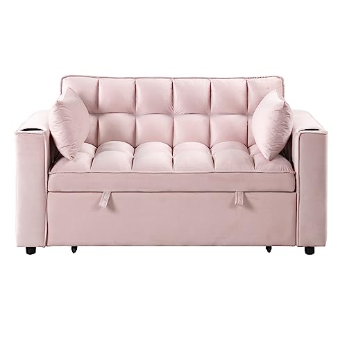 Eafurn 4 in 1 Convertible Sleeper Sofa Bed, Modern Velvet Loveseat w/Pull Out Couch, 55.3" Love Seat Lounge Sofa & Couch w/Reclining Backrest, Cup Holders and USB Port,RV Furniture for Small Place