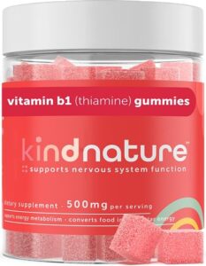 kind nature vitamin b1 gummies - chewable thiamine 500mg per serving - formulated for b1 vitamin deficiency - non gmo, vegan, natural strawberry flavor thiamine b1 supplement for adults & kids