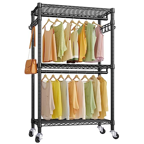 VIPEK V12 Medium Heavy Duty Rolling Garment Rack 3 Tiers Adjustable Clothes Rack with Double Rods & Hooks, Freestanding Wardrobe Closet Storage Rack Metal Clothing Rack for Hanging Clothes, Black