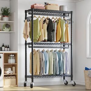 VIPEK V12 Medium Heavy Duty Rolling Garment Rack 3 Tiers Adjustable Clothes Rack with Double Rods & Hooks, Freestanding Wardrobe Closet Storage Rack Metal Clothing Rack for Hanging Clothes, Black