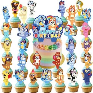 blue dog birthday party supplies, blue party decorations cake topper for kid, boys and girls happy birthday cupcake toppers