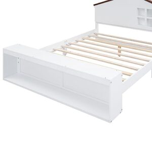 Vierniya Kid Platform Bed with House Shaped Headboard Full Size Wooden Bed Frame with Storage Cube and LED Lights, Low Bed for Boy Girl (White)