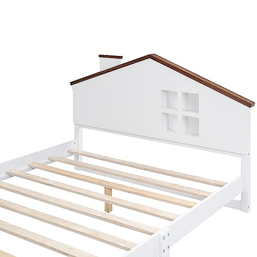 Vierniya Kid Platform Bed with House Shaped Headboard Full Size Wooden Bed Frame with Storage Cube and LED Lights, Low Bed for Boy Girl (White)