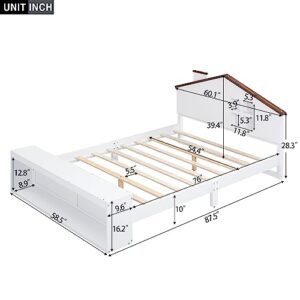 Vierniya Kid Platform Bed with House Shaped Headboard Full Size Wooden Bed Frame with Storage Cube and LED Lights, Low Bed for Boy Girl (White)