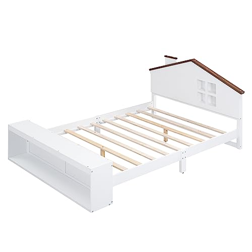 Vierniya Kid Platform Bed with House Shaped Headboard Full Size Wooden Bed Frame with Storage Cube and LED Lights, Low Bed for Boy Girl (White)