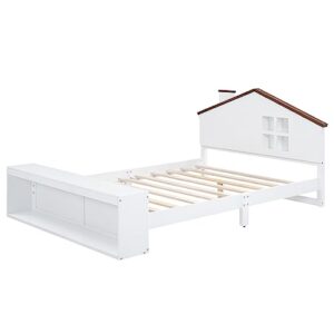 Vierniya Kid Platform Bed with House Shaped Headboard Full Size Wooden Bed Frame with Storage Cube and LED Lights, Low Bed for Boy Girl (White)