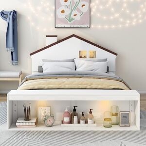 Vierniya Kid Platform Bed with House Shaped Headboard Full Size Wooden Bed Frame with Storage Cube and LED Lights, Low Bed for Boy Girl (White)
