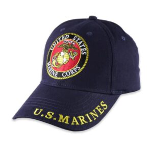 usmc logo hat for men and women, officially licensed product, adjustable velcro strap baseball cap - usmc logo embroidered baseball cap beautifully stitched lettering on front & back (navy blue)